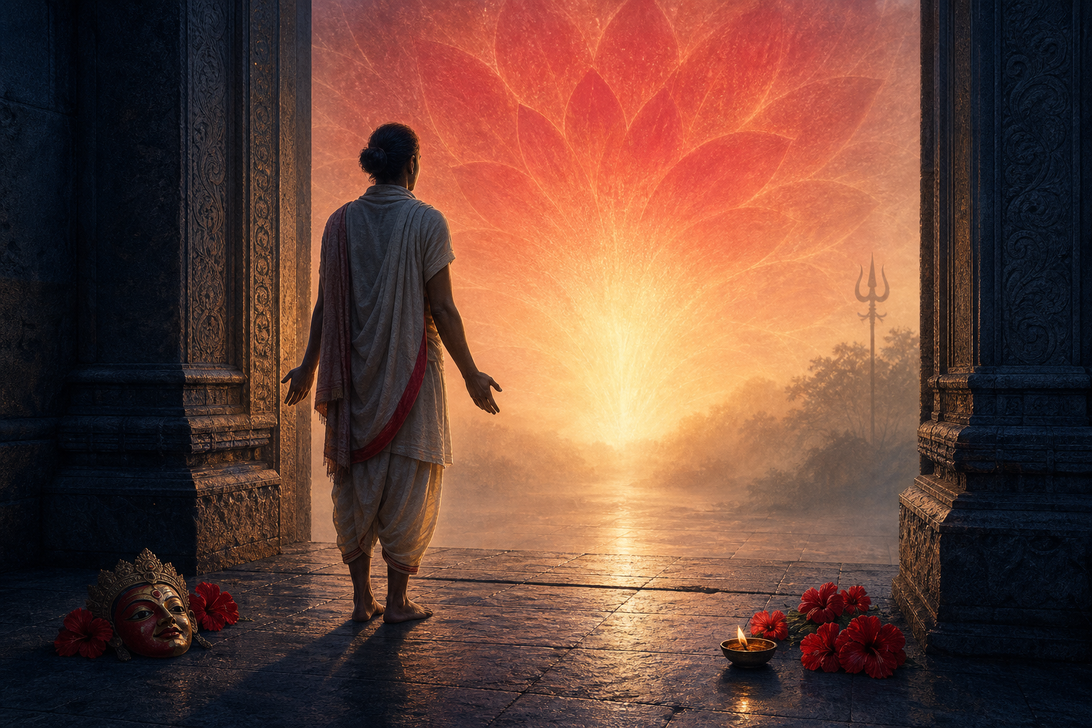A barefoot practitioner stands with open hands at a temple threshold, facing crimson and golden light while a ceremonial mask rests beside their feet.