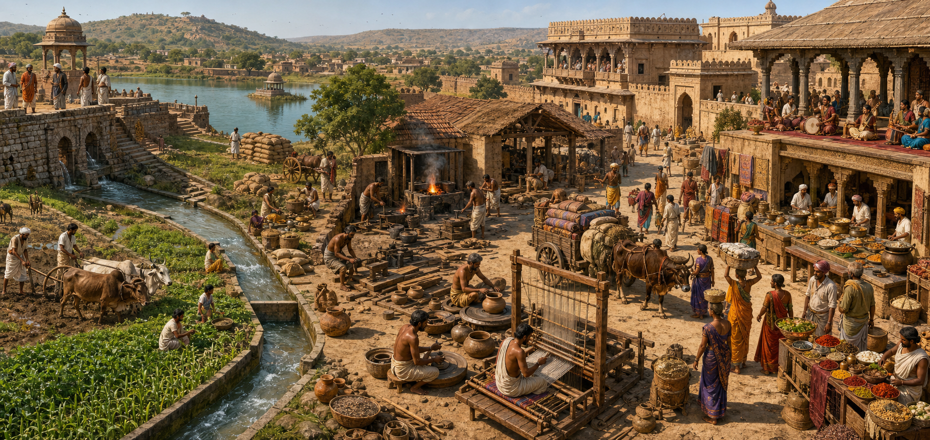 A medieval settlement links reservoir construction and farming with metalworking, pottery, weaving, trade, palace cooking, music, and performance.