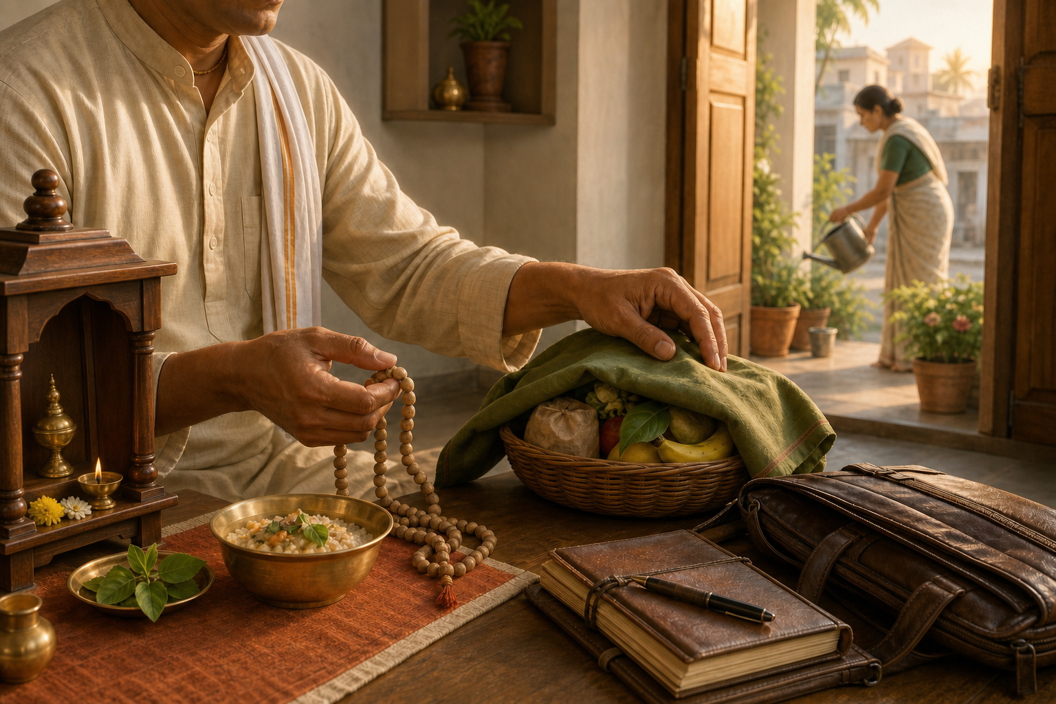 At dawn, a householder prepares prayer beads, tulsi leaves, food, work items, and a basket of provisions in a modest home.