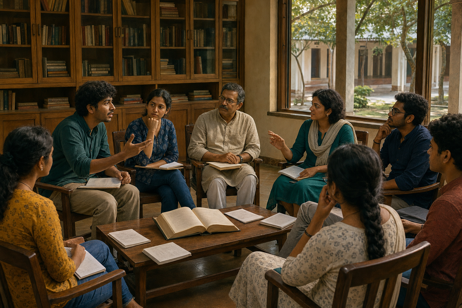 University students and a Telugu literature teacher discuss an open book while seated in a circle in a sunlit modern classroom.