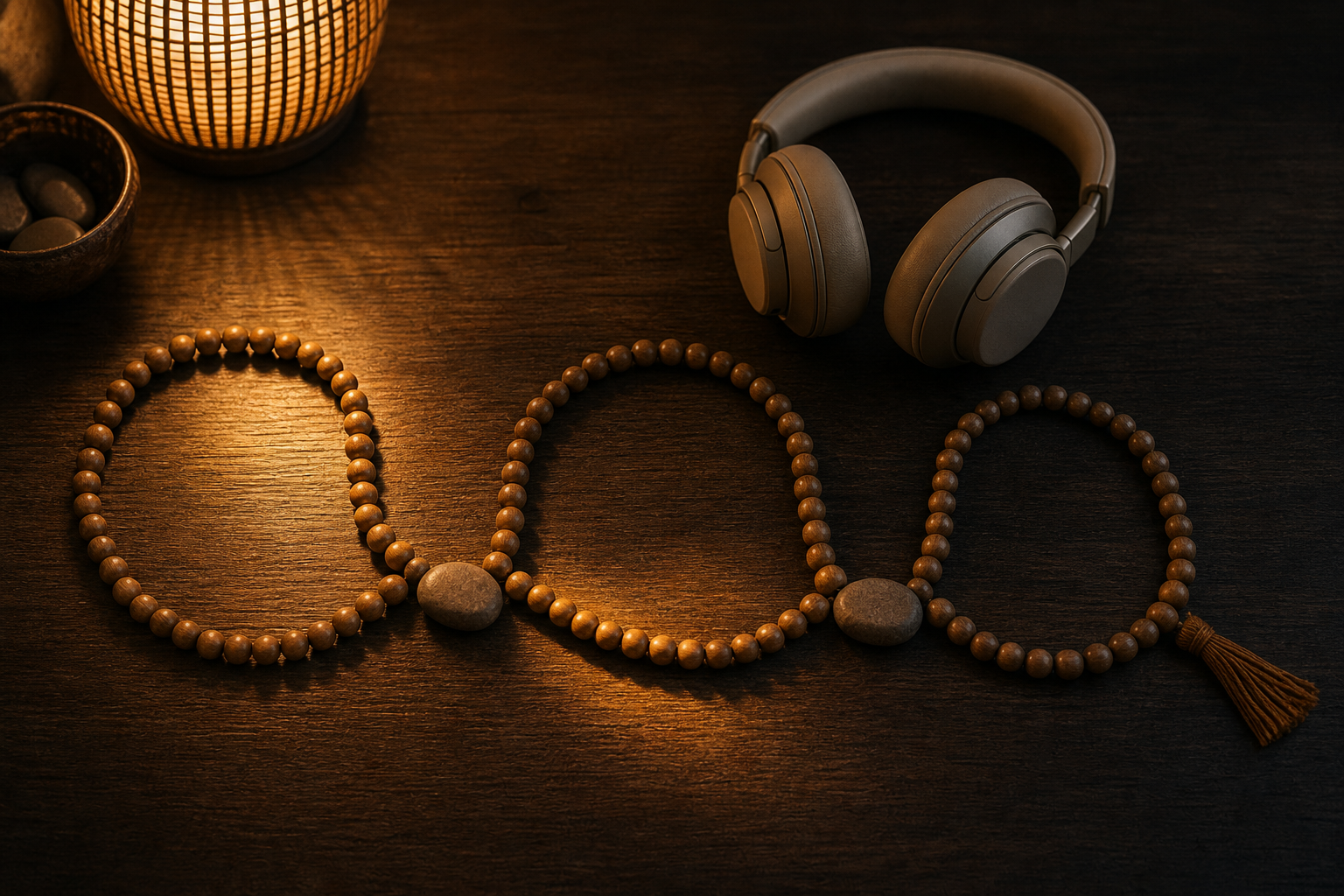 Headphones, wooden meditation beads, and small stones are arranged in three connected loops on a table.