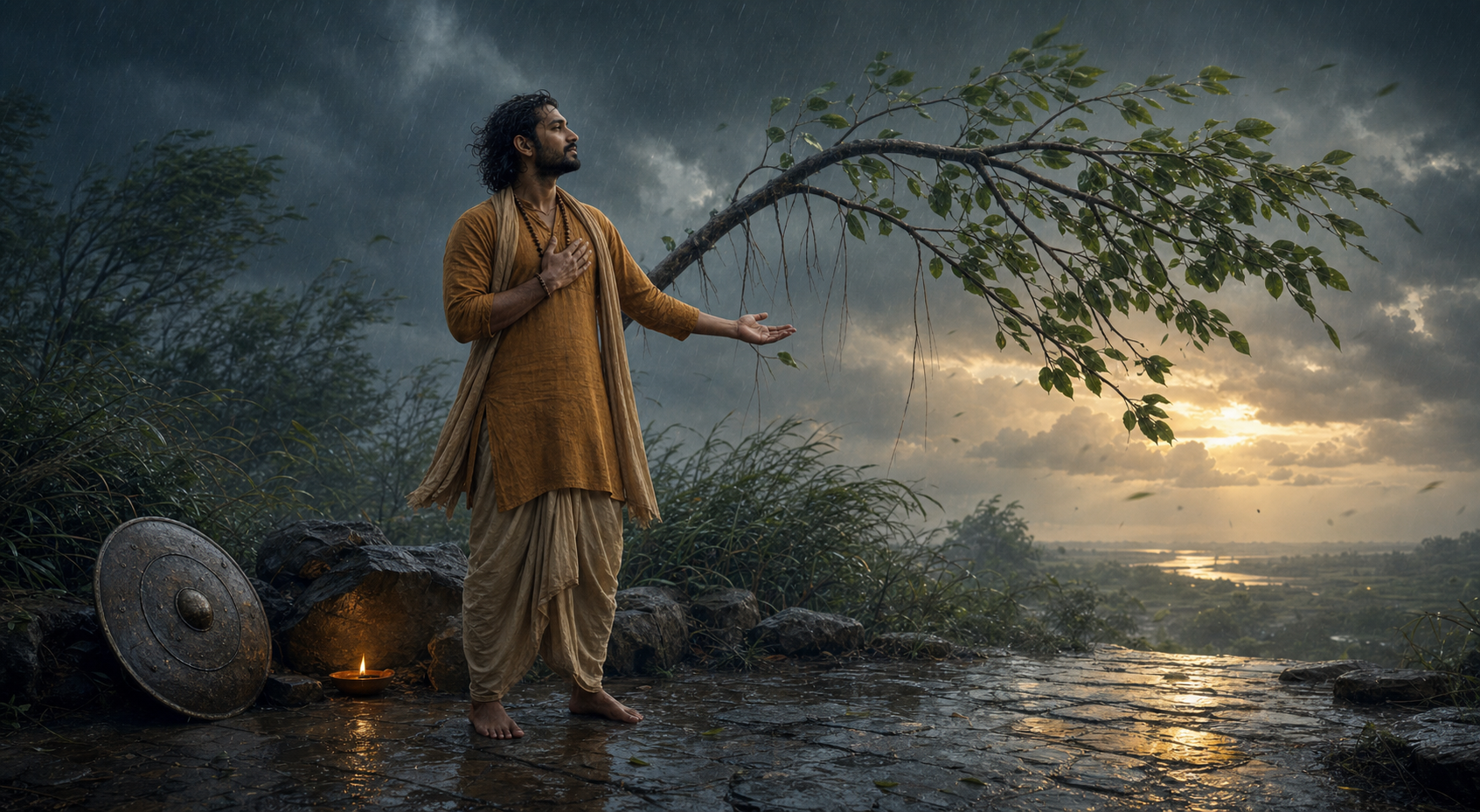 A calm practitioner stands in monsoon rain beside a lowered shield and a bending banyan branch, with one hand open near the heart.