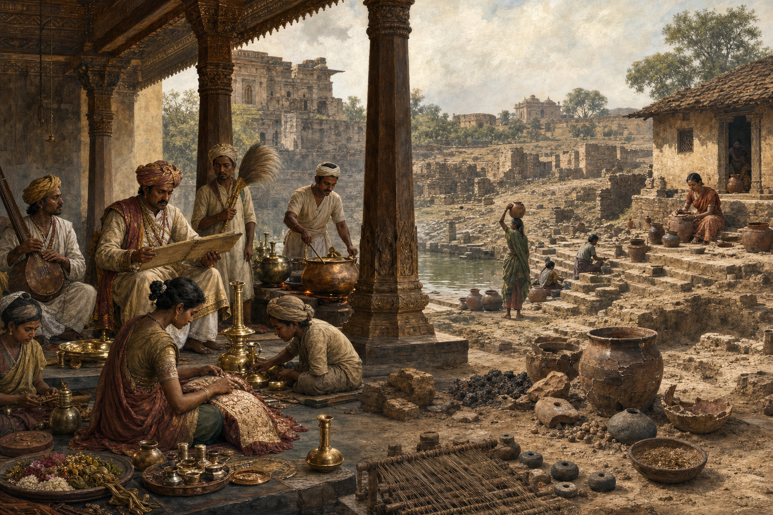 An orderly medieval court scene transitions into worn waterworks, repaired pottery, cooking vessels, craft debris, and household remains associated with everyday life.