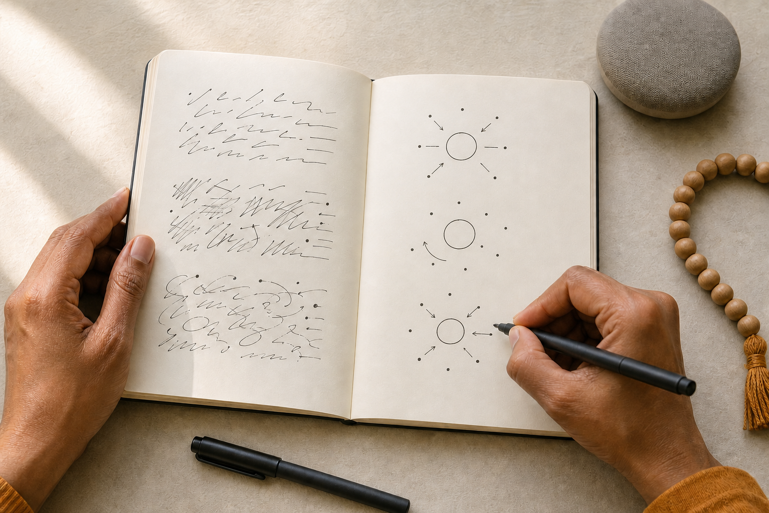 Hands organize notes with abstract marks in an open notebook beside a small audio player and wooden beads.