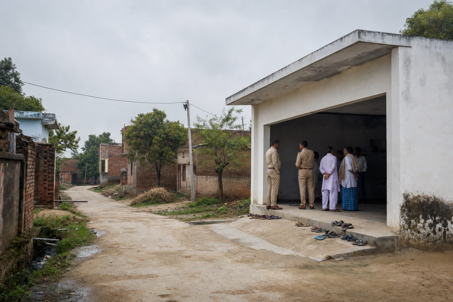 गांव के एक साधारण सभा कक्ष के बाहर स्थानीय लोगों से शांतिपूर्वक बातचीत करते दो पुलिसकर्मी।