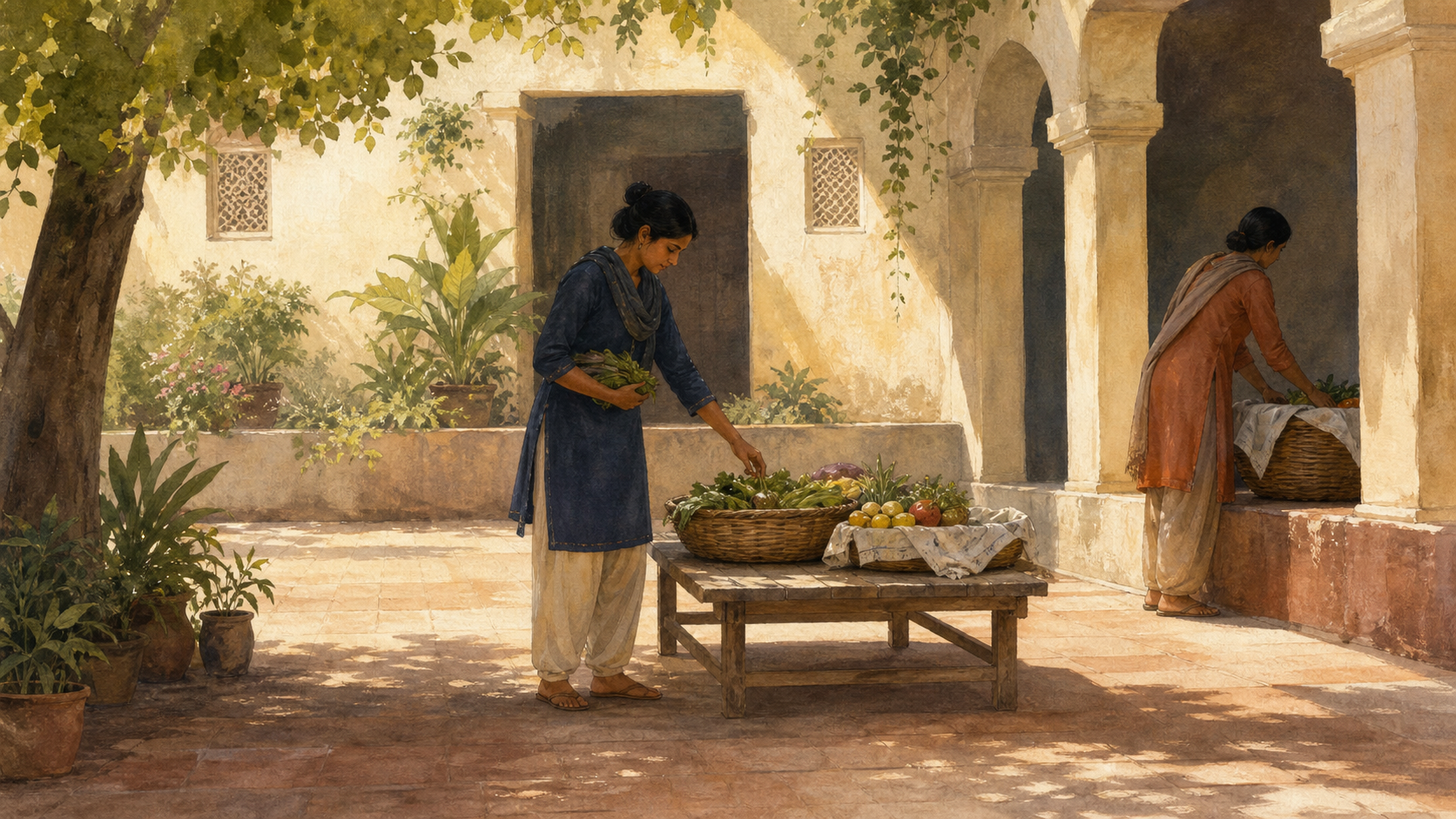 A person quietly places a basket of food on a community table while another person chooses items in a sunlit courtyard.