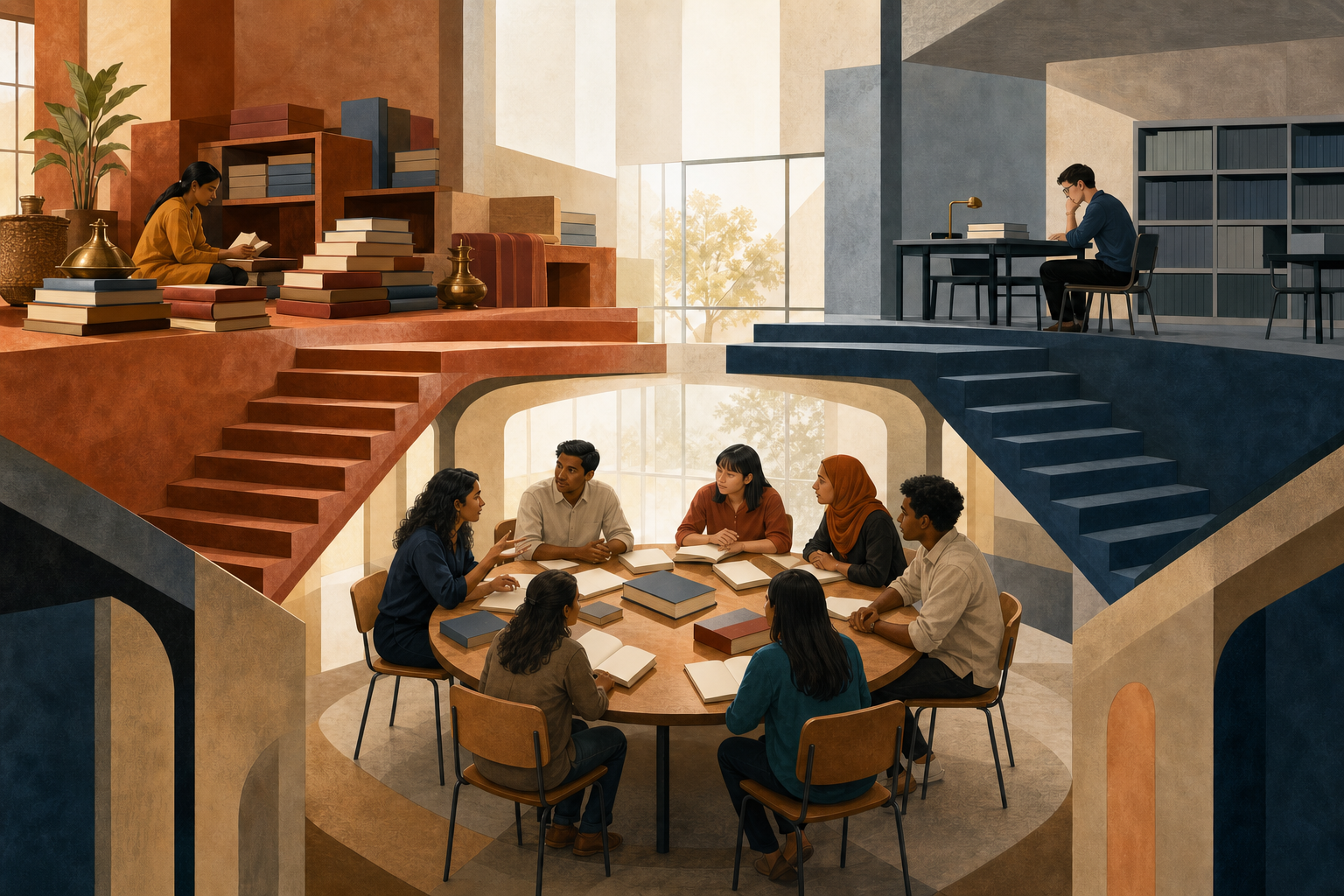 Two classroom pathways at different heights converge at one seminar table where students study books from both collections together.