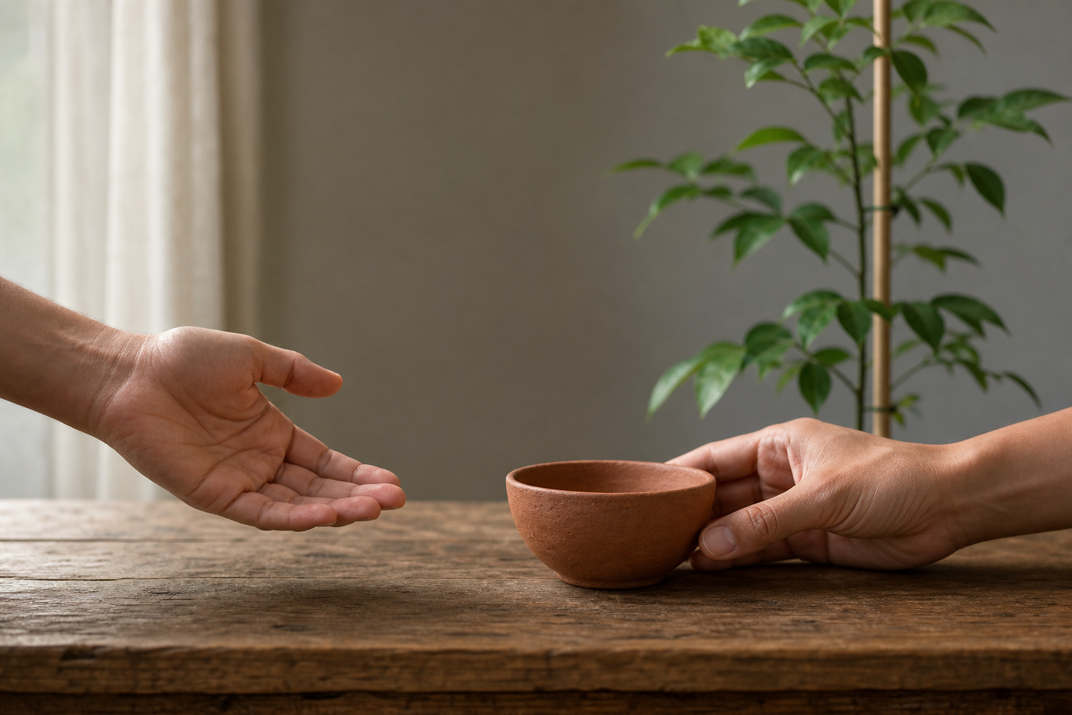 One hand releases a clay bowl as another hand steadies it on a wooden table, with a supported young plant behind them.
