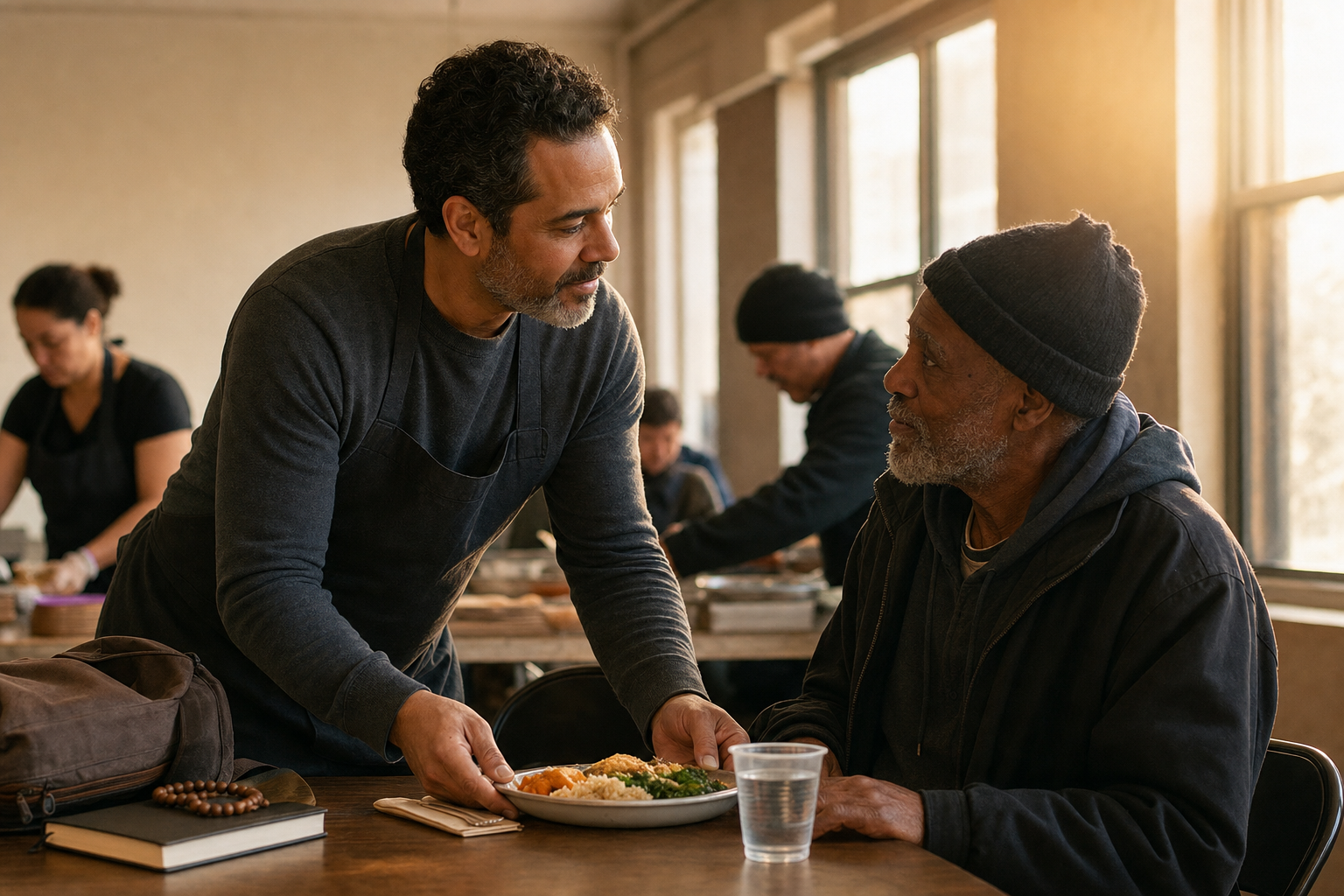 A volunteer serves a meal and water to an older guest at a community dining table.