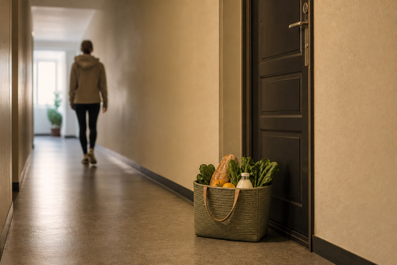 An unmarked grocery basket sits beside a closed apartment door as a person walks away down the corridor.