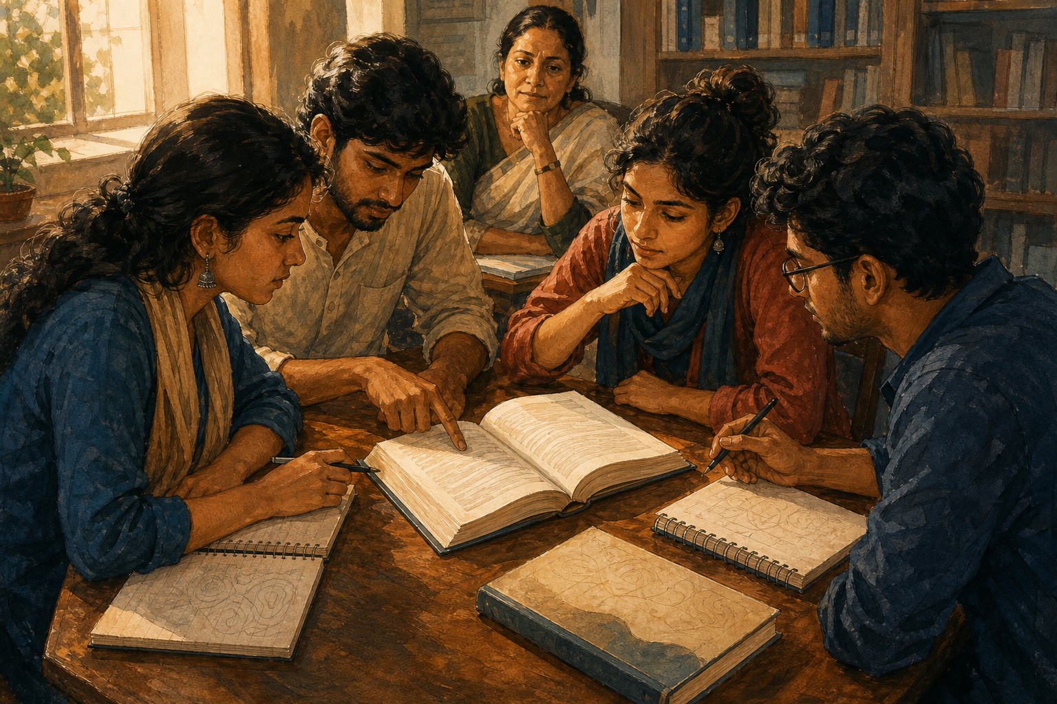 Four students closely examine an open primary-language book while a translated volume remains closed at the edge of their table.