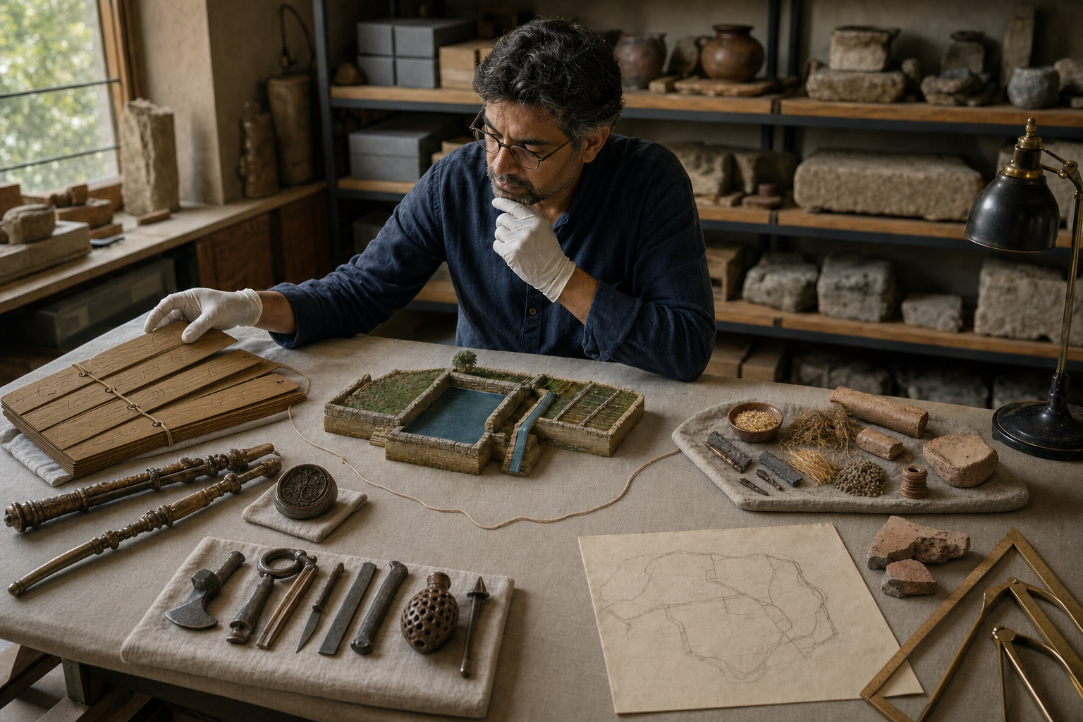 A historian compares a palm-leaf manuscript with administrative objects, a reservoir model, raw materials, craft tools, pottery fragments, and architectural evidence.