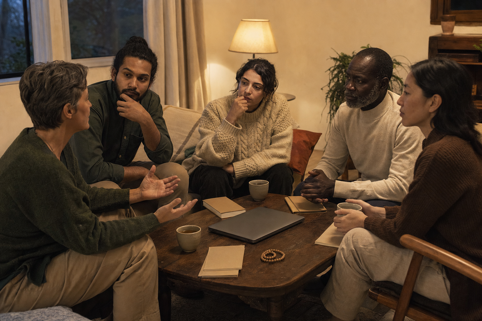 Five adults discuss a lecture in a circle around a table with notebooks, tea, a closed laptop, and wooden beads.