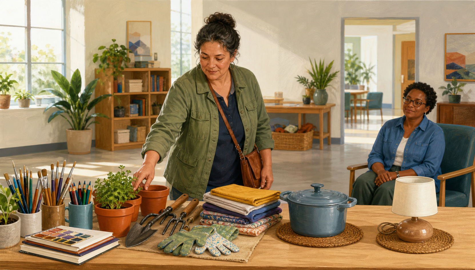 A person chooses practical items from an open table while a seated helper waits to the side without directing the choice.