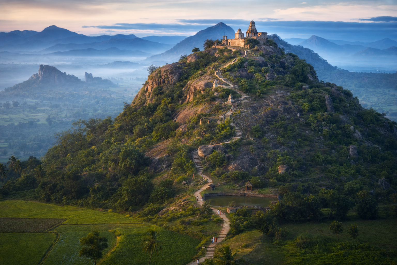 A South Indian hill shrine at dawn, with stone steps, smaller shrines, a water tank, and pilgrims forming a route from the plain to the summit temple.