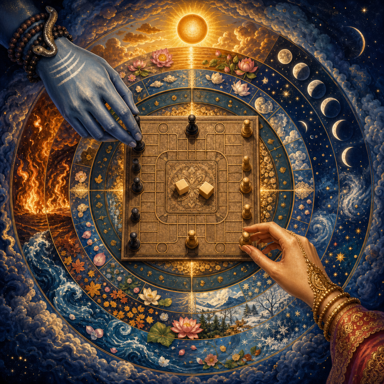 An overhead dice board is surrounded by circular patterns of moons, stars, seasons, fire, water, and lotuses, with two divine hands at opposite sides.