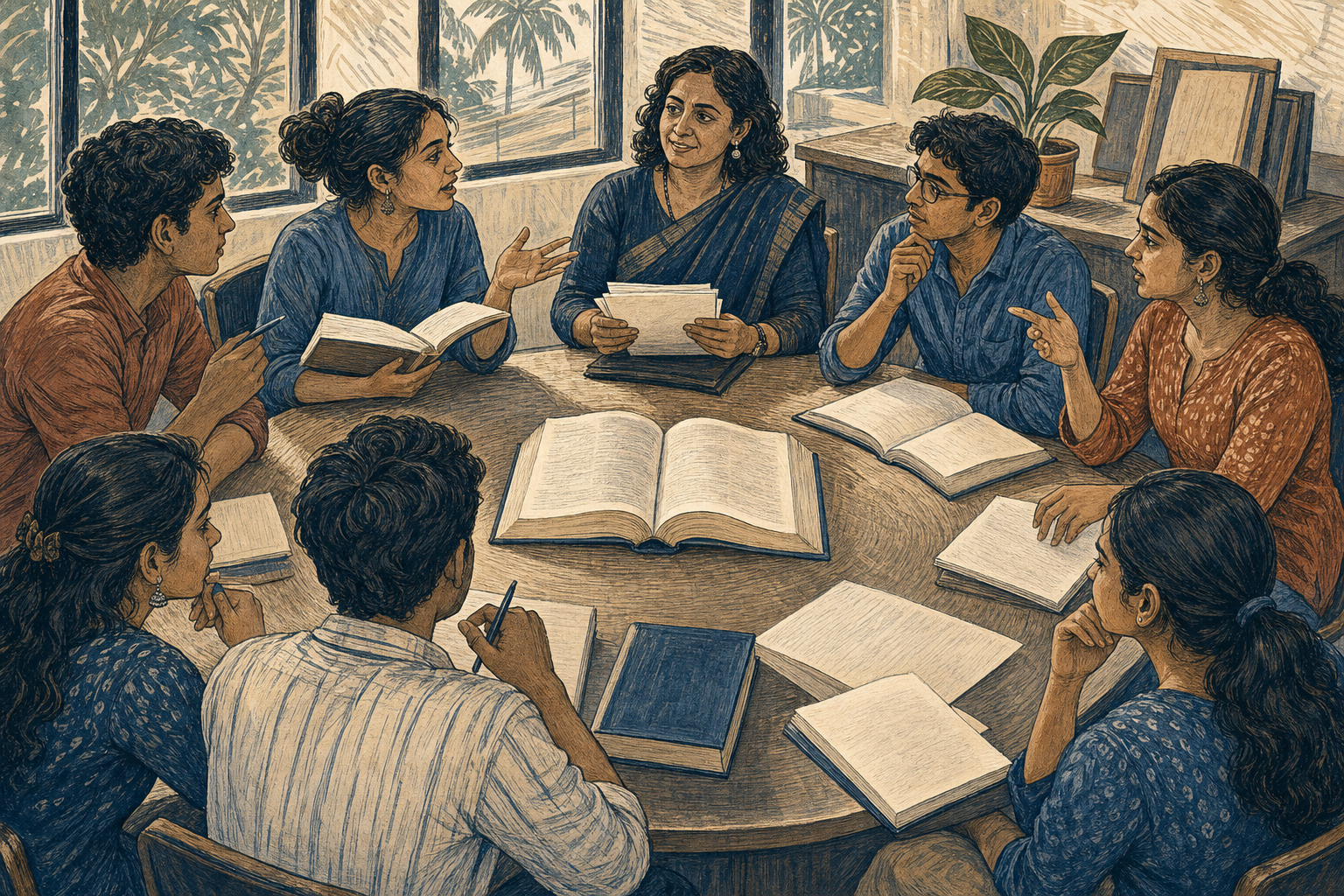 Students offer different interpretations around a seminar table while their instructor listens with evaluation papers nearby.