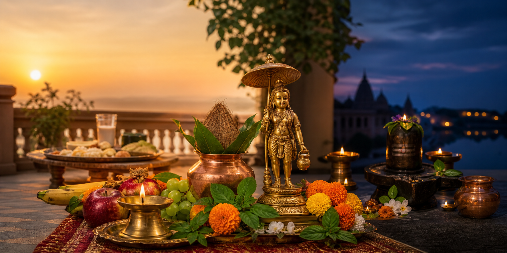 A Vamana home altar in the foreground, with a sunrise fasting meal and an evening Shiva lingam worship setting in the background.