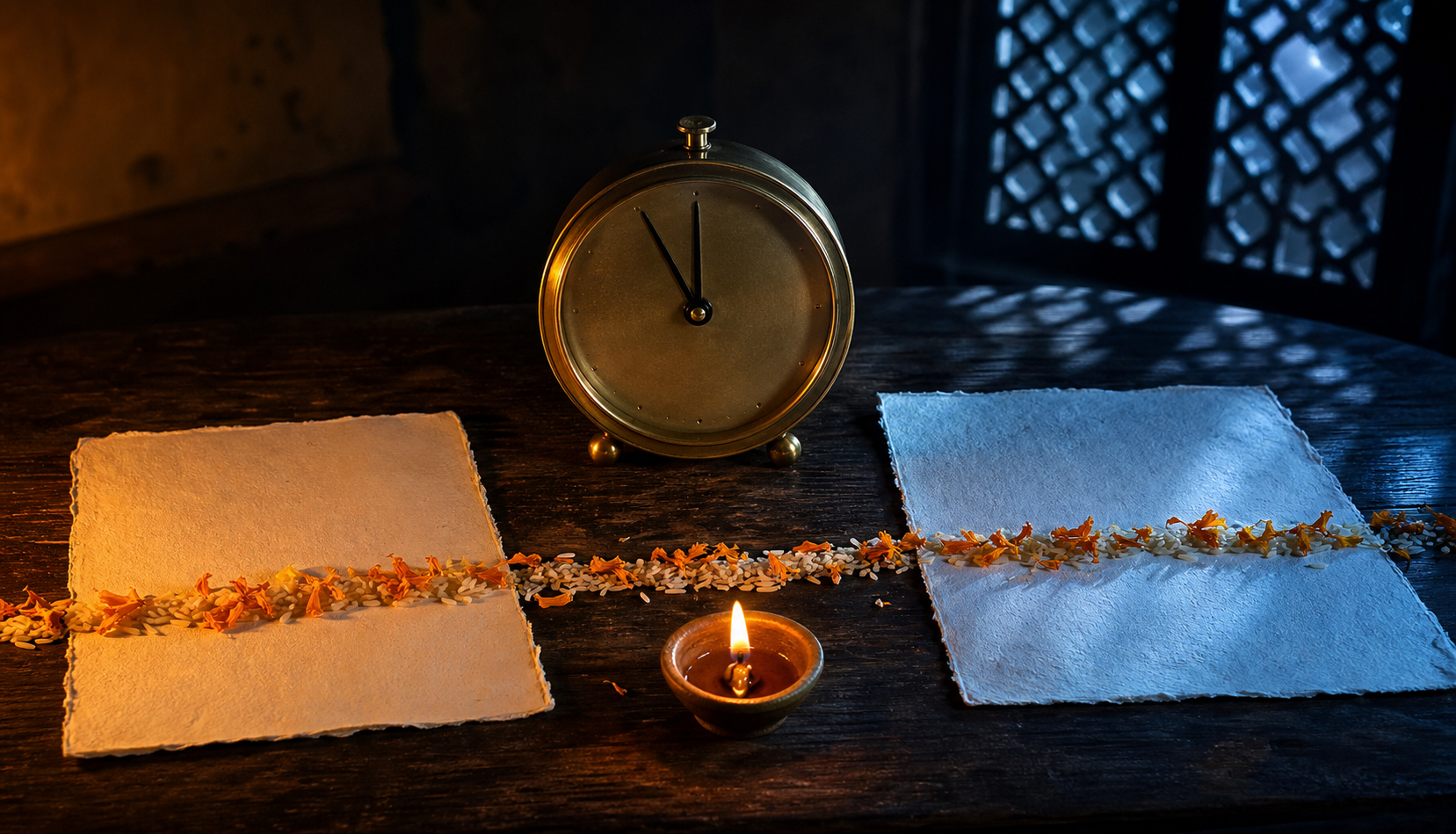 A numeral-free brass clock, two blank calendar leaves, marigold petals, rice, and a lit oil lamp symbolize a tithi continuing across midnight.