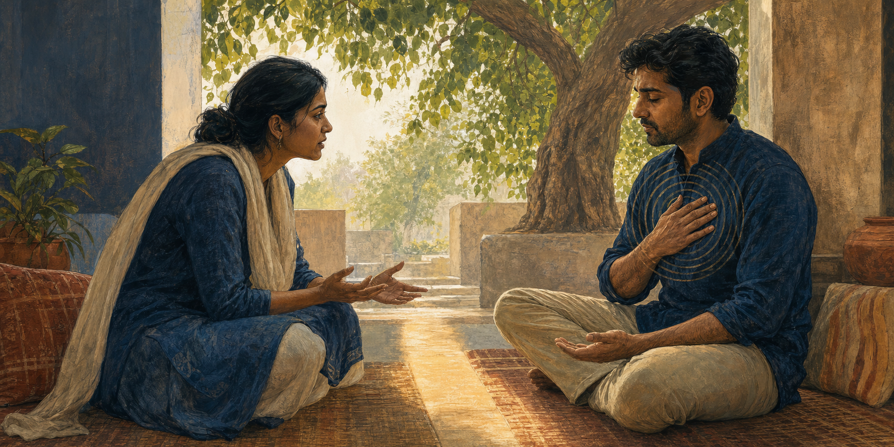 Two adults sit on a shaded veranda during a serious conversation as one speaks and the other pauses with grounded posture and an open hand.