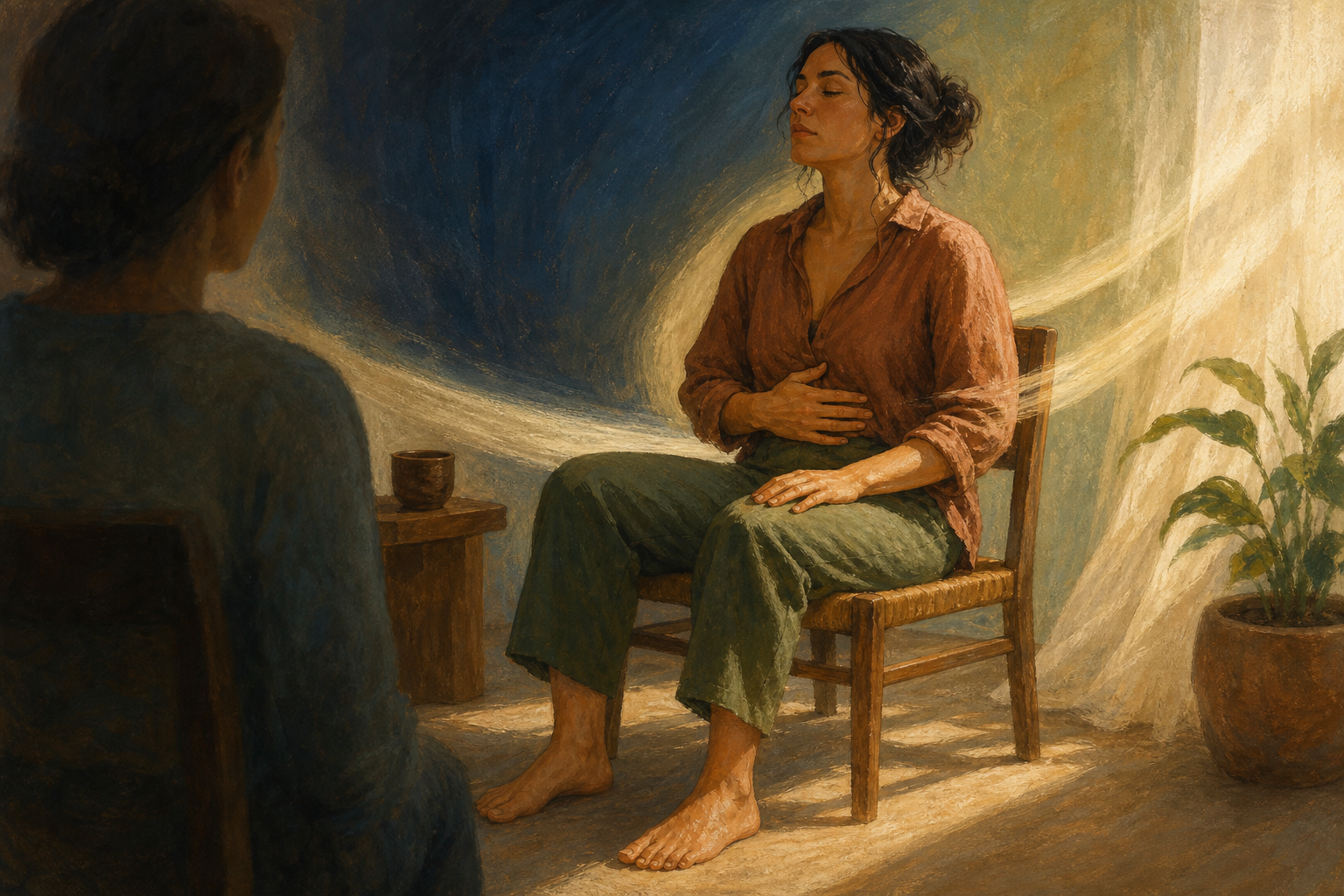 A seated person grounds both feet and rests a hand on the ribs while pausing to breathe during a tense conversation.