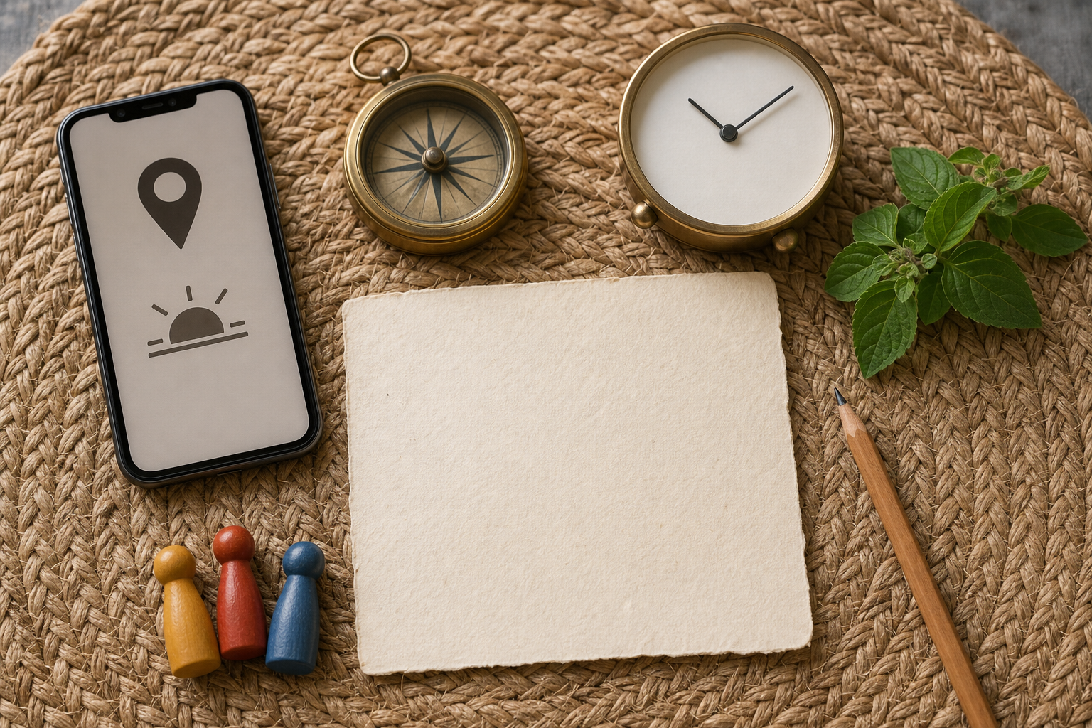 A blank planning card sits beside an unbranded phone, brass compass, numeral-free clock, pencil, tulsi leaves, and colored markers.