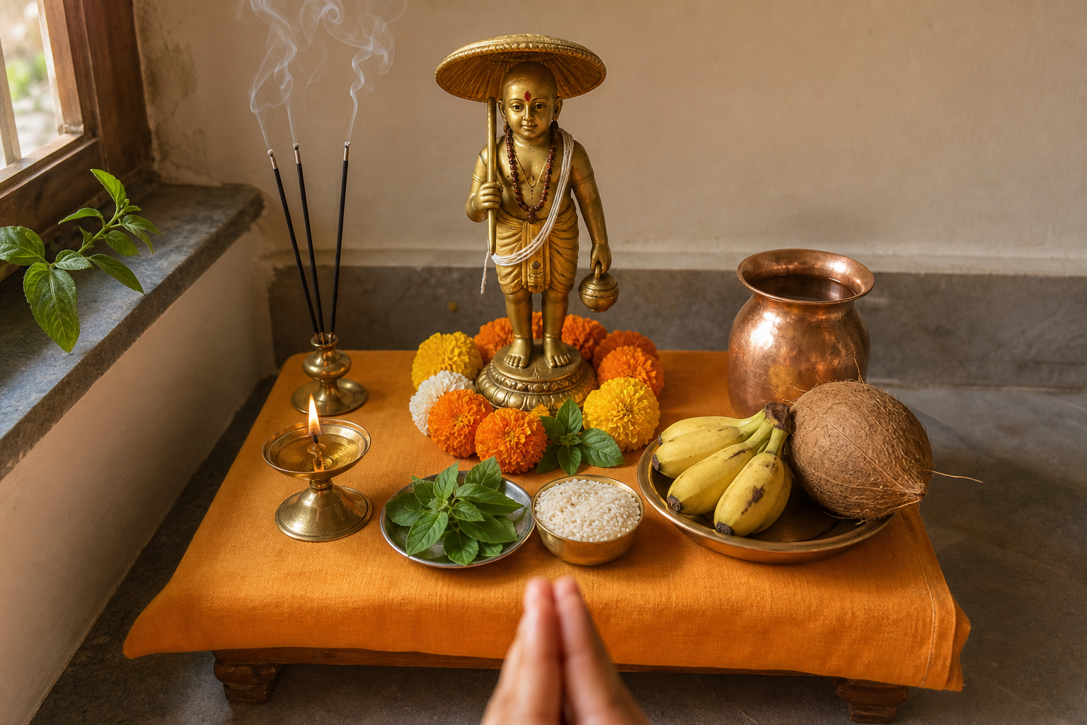 A simple home altar for Lord Vamana holds a small murti, brass lamp, tulsi, flowers, fruit, rice, and a copper water vessel.