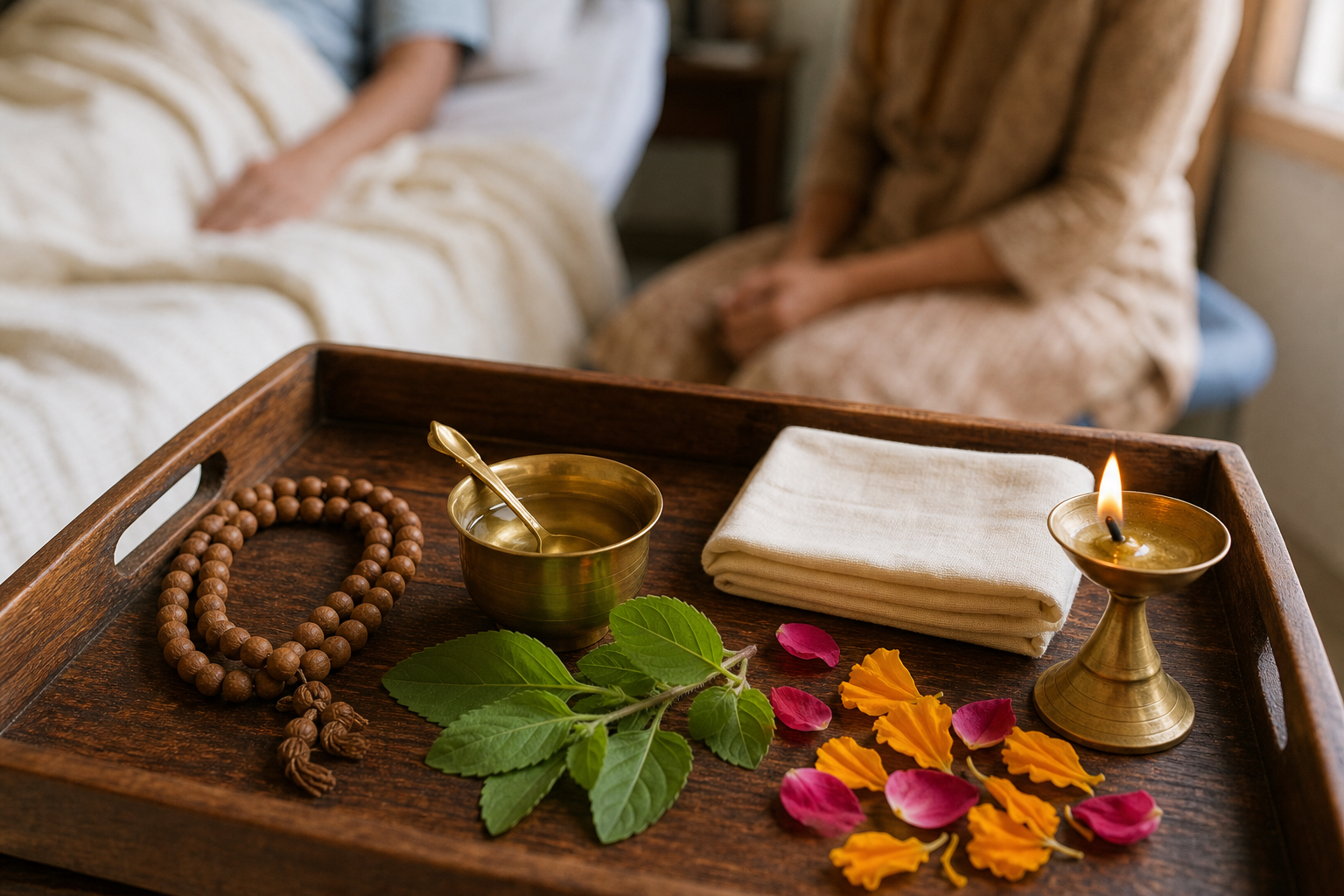 A wooden bedside tray holds prayer beads, a brass water vessel, green leaves, folded cloth, flowers and a small oil lamp.