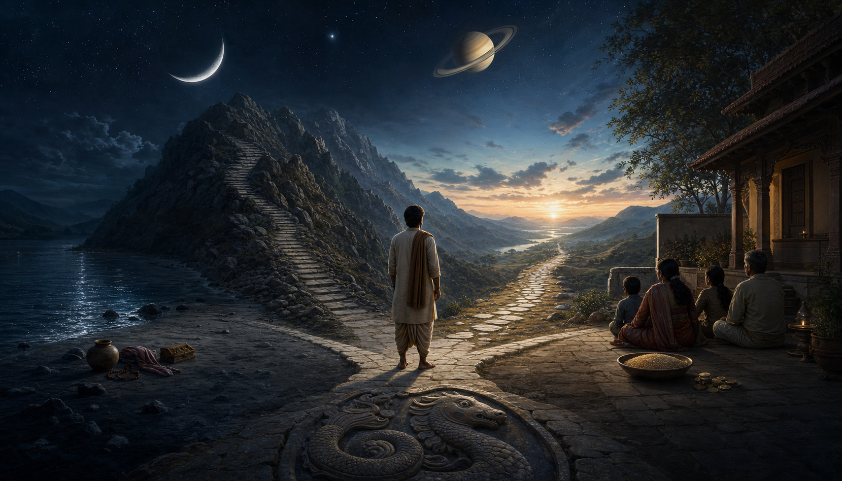 A person looks toward dawn after crossing three symbolic landscapes beneath a crescent Moon and ringed Saturn, with a carved makara in the foreground.