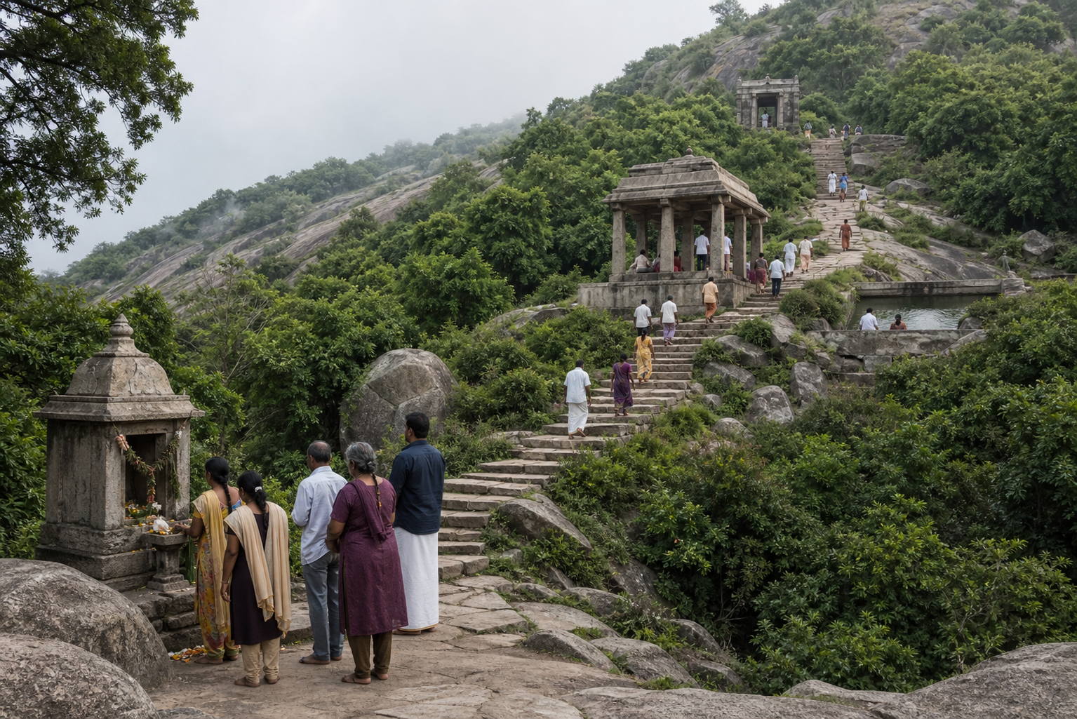 Pilgrims follow a stone hill path past a guardian shrine, a pavilion, and a spring before approaching a temple gateway.