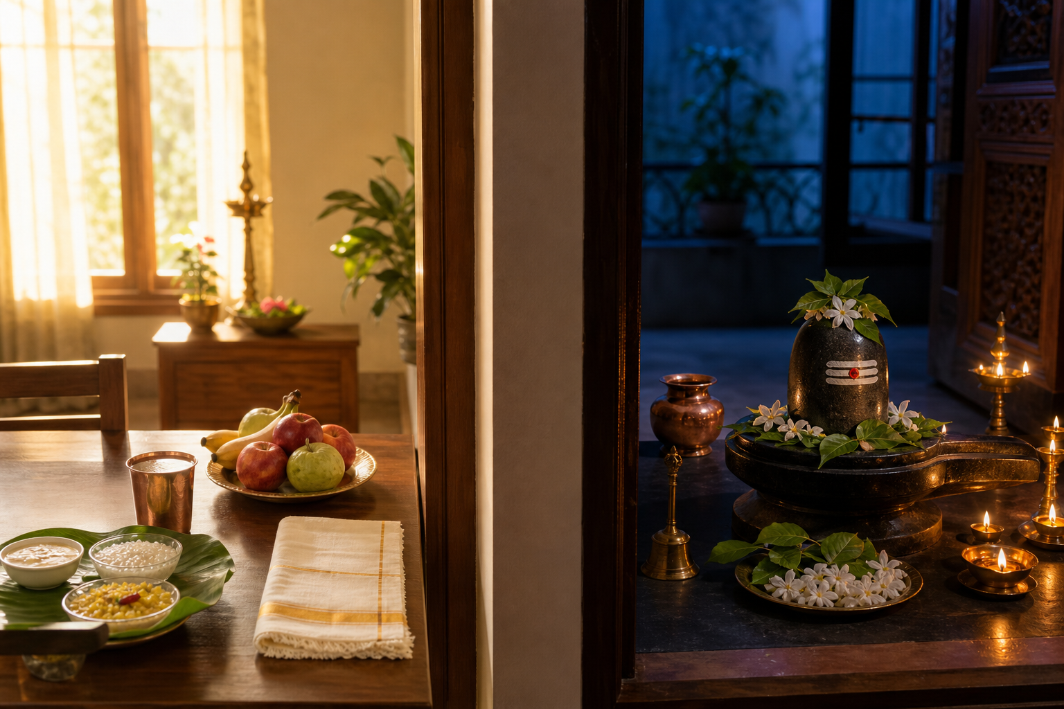 A doorway divides a sunlit morning fasting-break meal from an evening Shiva lingam puja with bilva leaves and brass lamps.