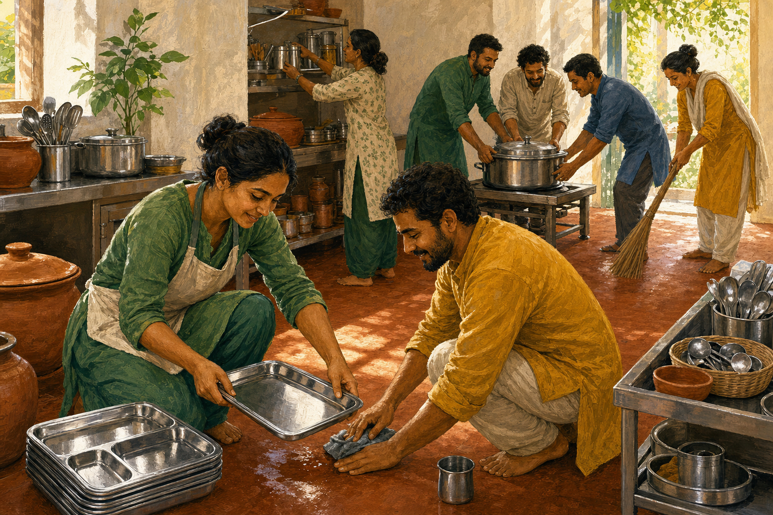 Adults clean a spill, replace a damaged tray, and secure kitchen equipment on a stable stand to prevent another accident.