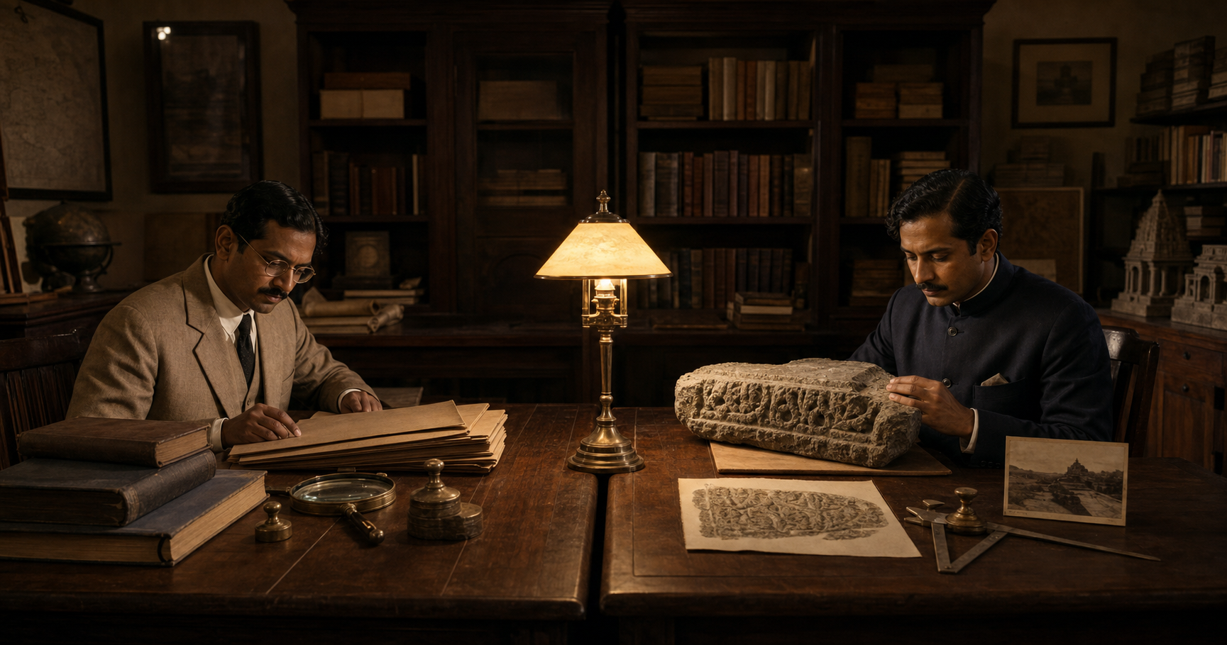 Two early twentieth-century Indian historians examine archival volumes and a weathered stone fragment at separate desks in a shared research room.