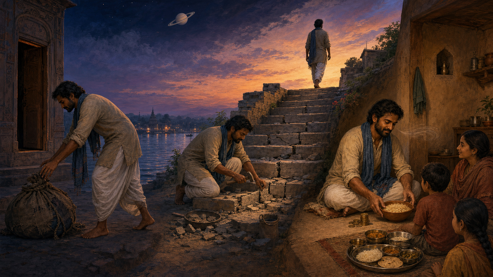 Three connected scenes show a person releasing old burdens, building stability, and organizing family responsibilities as the sky gradually brightens.