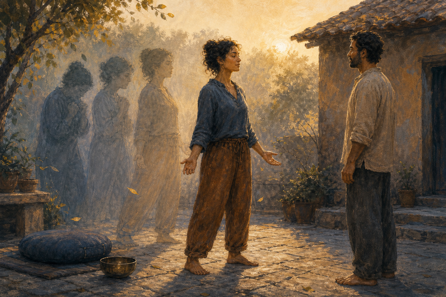 A person rehearses calm breathing and open body language with a partner in a quiet courtyard at dawn.