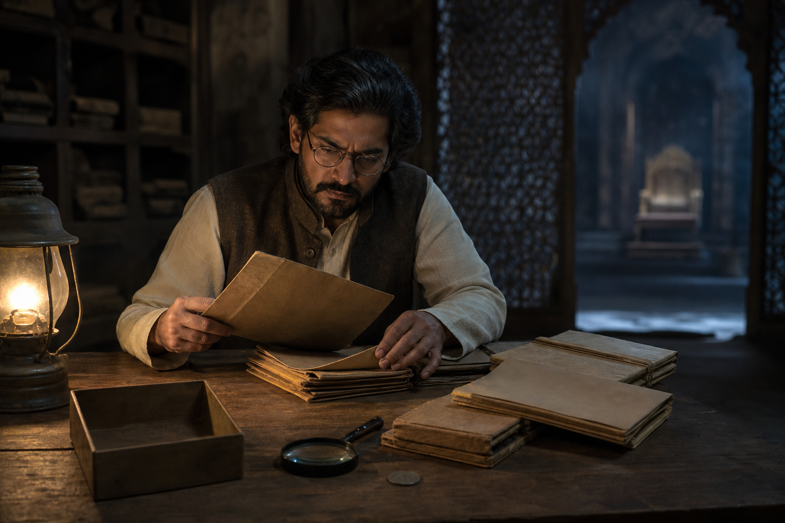Archival records, a coin, a map, a manuscript bundle, and other material clues form a connected group opposite an empty display stand.