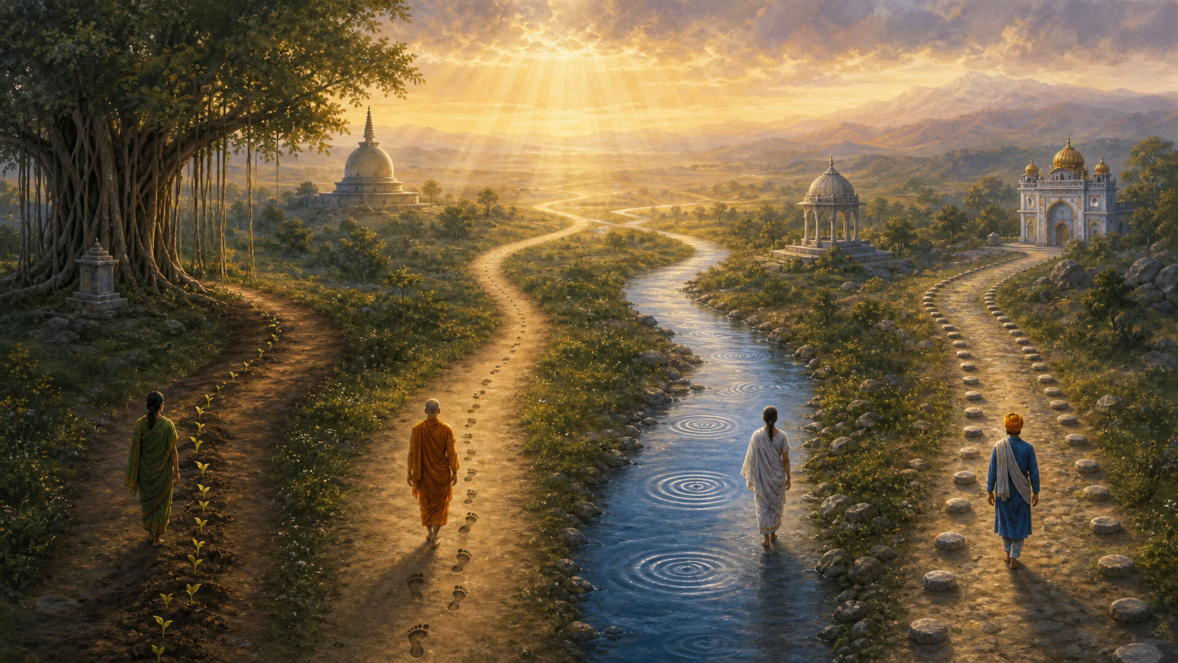 Four pilgrims follow separate curved paths marked by seeds, footprints, water ripples, and stones toward a softly illuminated horizon in a South Asian landscape.