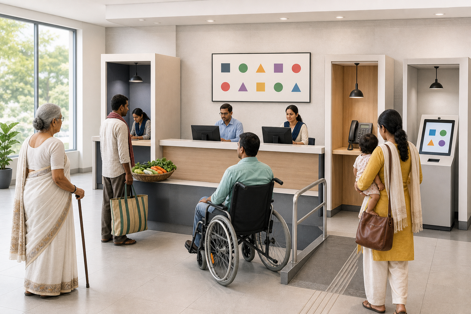 Residents use a staffed desk, private booth, telephone and digital kiosk at an accessible public complaints center.
