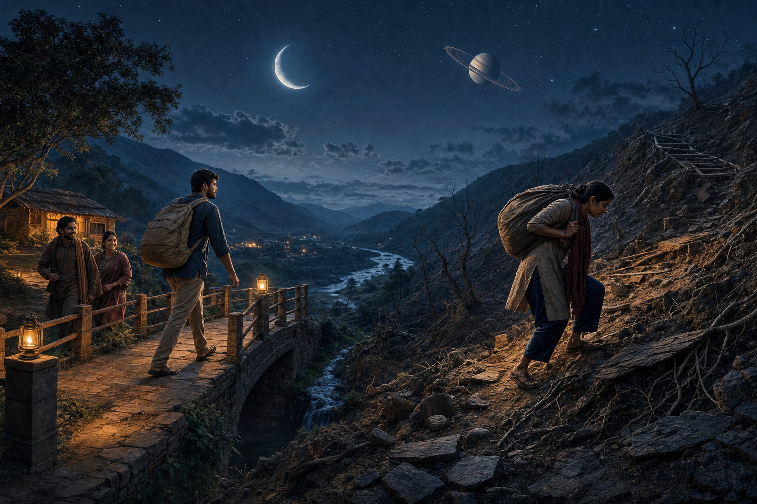 Two people stand in different household settings beneath the same Moon and ringed planet, one surrounded by stable supports and the other by unfinished responsibilities.