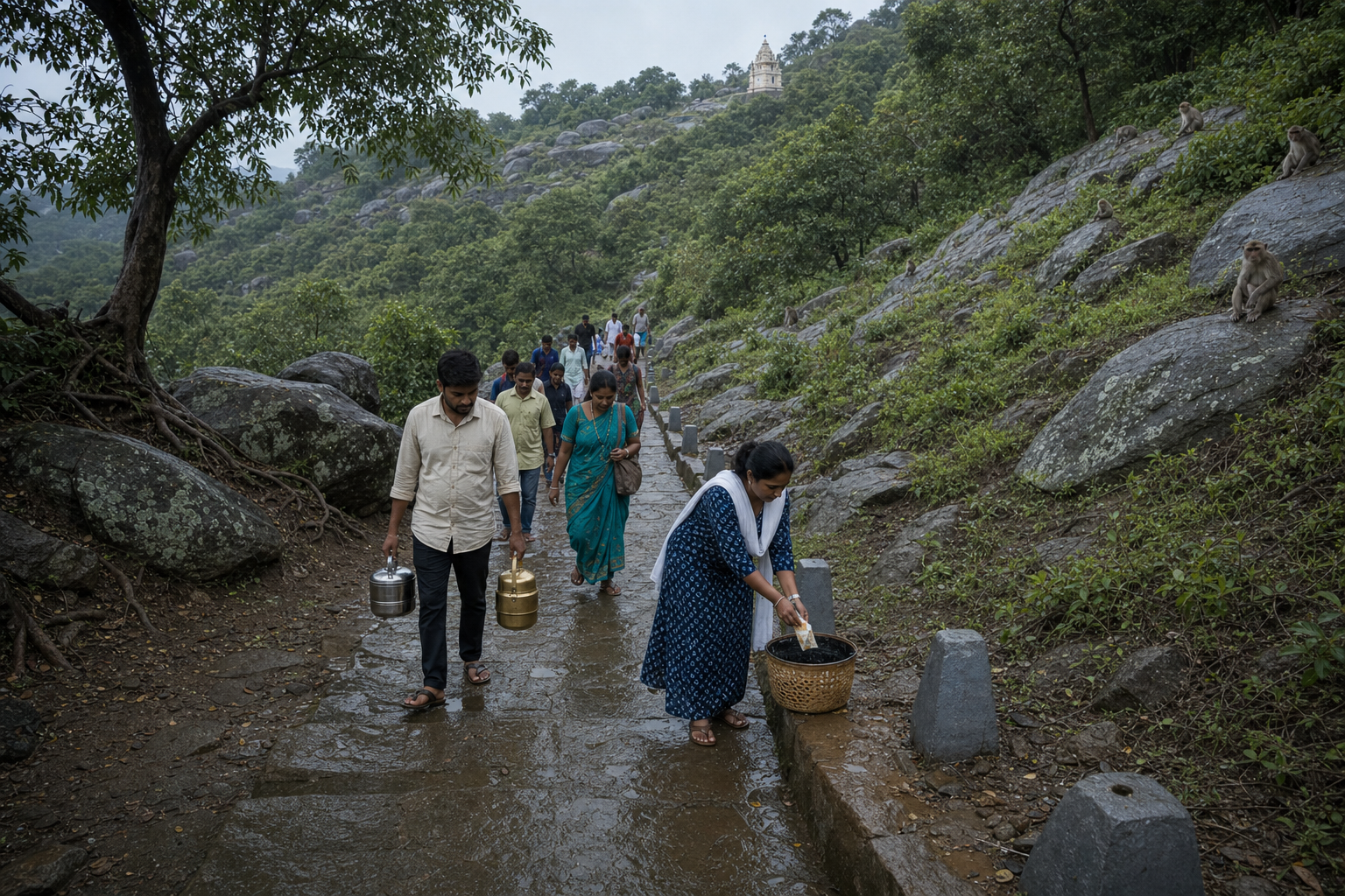 Pilgrims descend a rain-darkened temple hill path while carrying their waste and keeping a respectful distance from macaques and native vegetation.