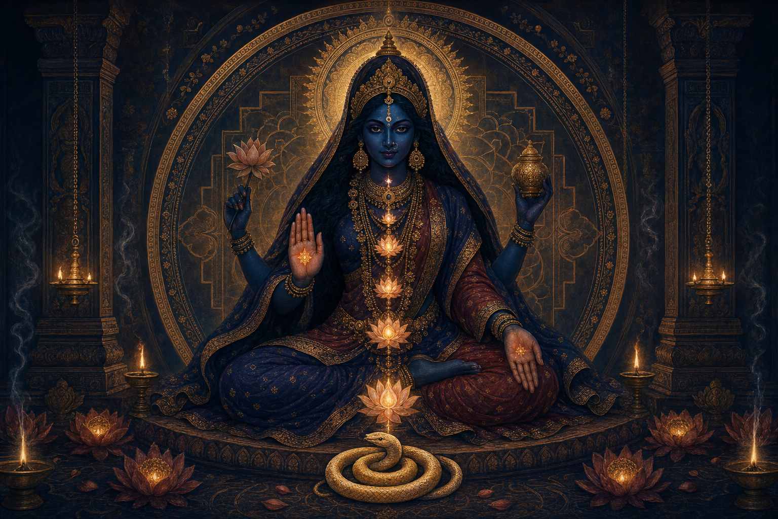 A dark indigo divine feminine figure sits in a lamp-lit sanctum above a coiled luminous serpent, surrounded by lotus lights and geometric sacred forms.