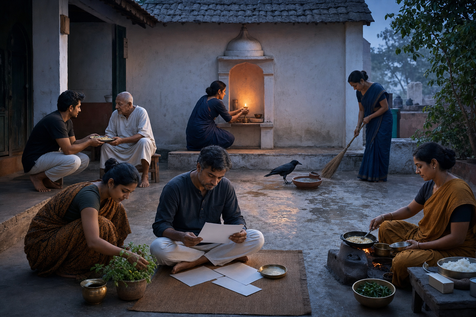 People in a dawn courtyard light an oil lamp, serve an elder, care for a bird and plant, clean the home, and organize household routines.