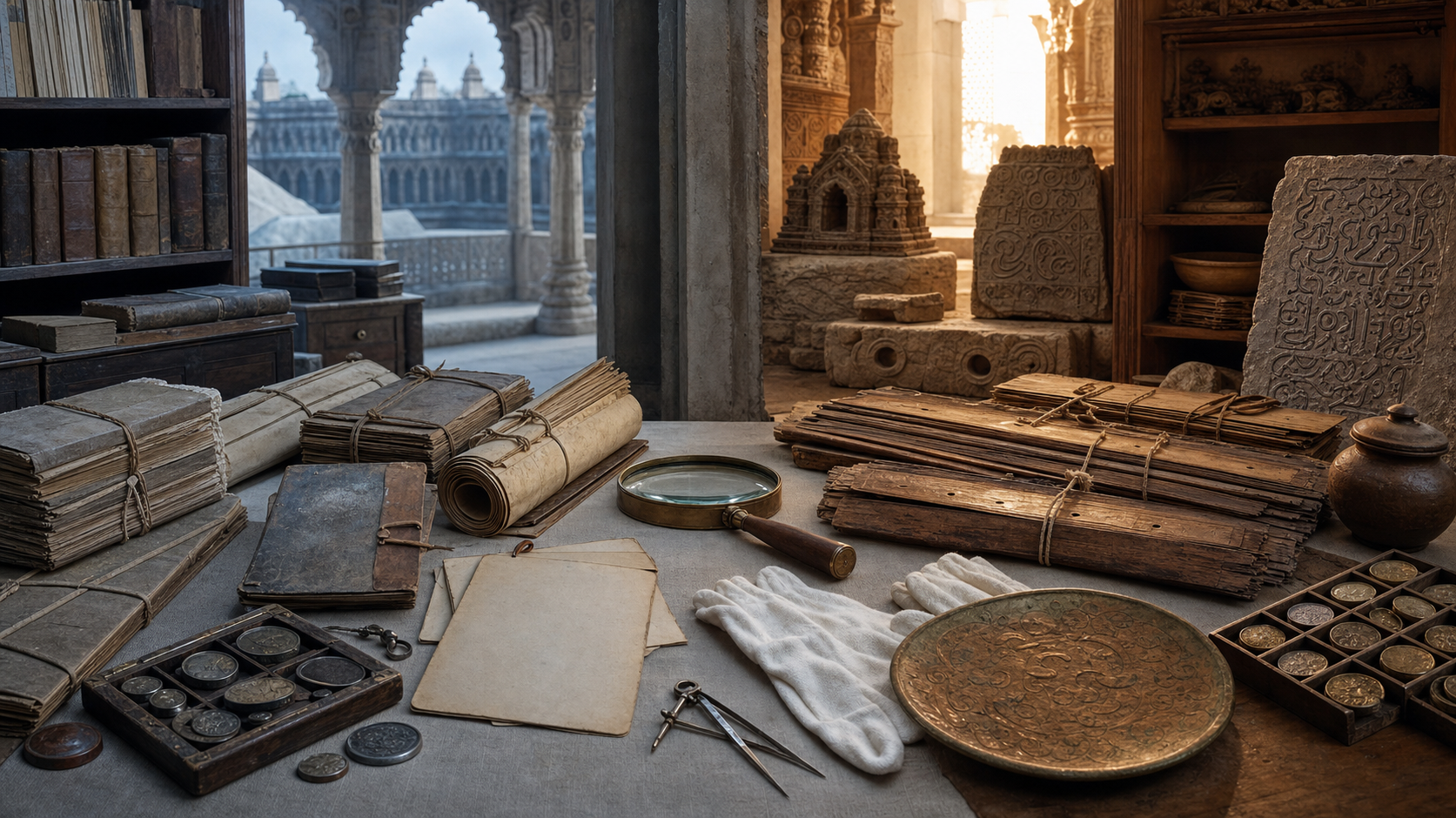 Paper archives, maps, seals, manuscripts, coins, a copper plate, and an inscription fragment meet on a central conservation table.