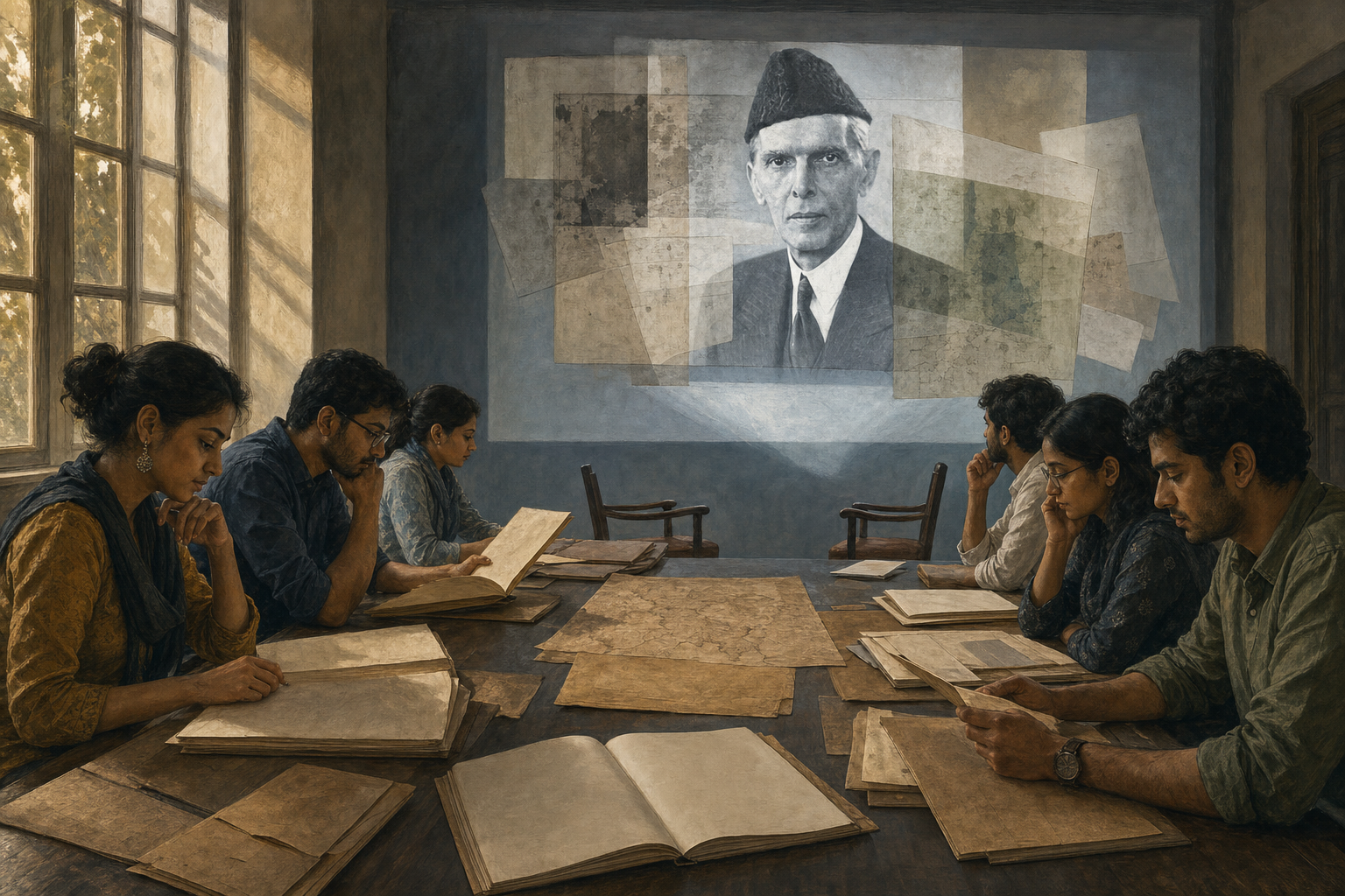 Students in a university seminar examine archival materials while a projected portrait of Muhammad Ali Jinnah appears behind them.