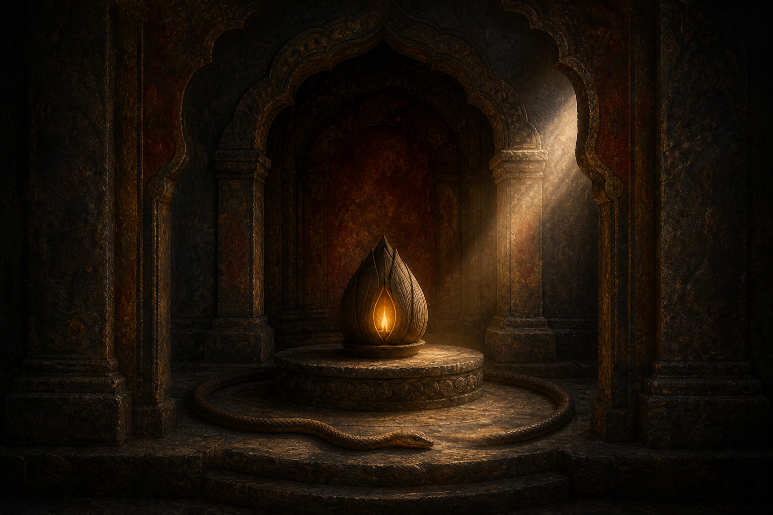 A coiled serpent guards a shadowed stone alcove containing a golden flame enclosed within a lotus bud.