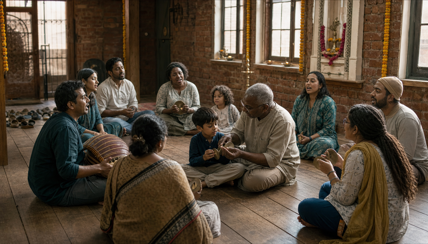 Adults and children sing and play hand cymbals and a drum together in a modest brick-walled prayer hall.