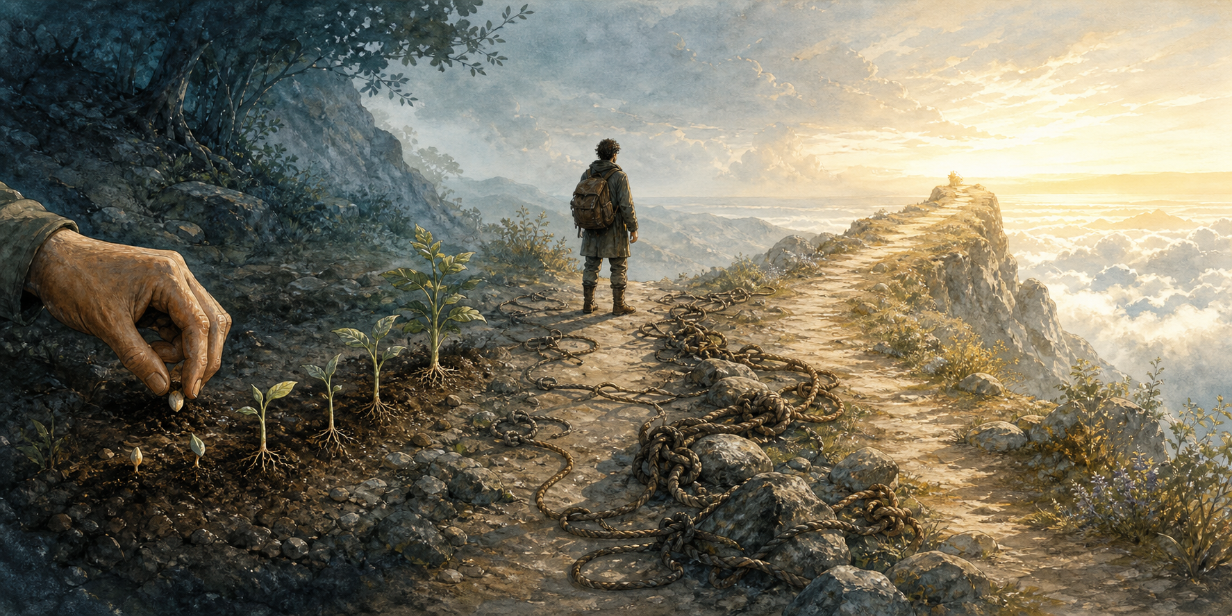 A continuous landscape shows a hand planting a seed, a traveler passing loose and knotted cords, and a path opening above the clouds.