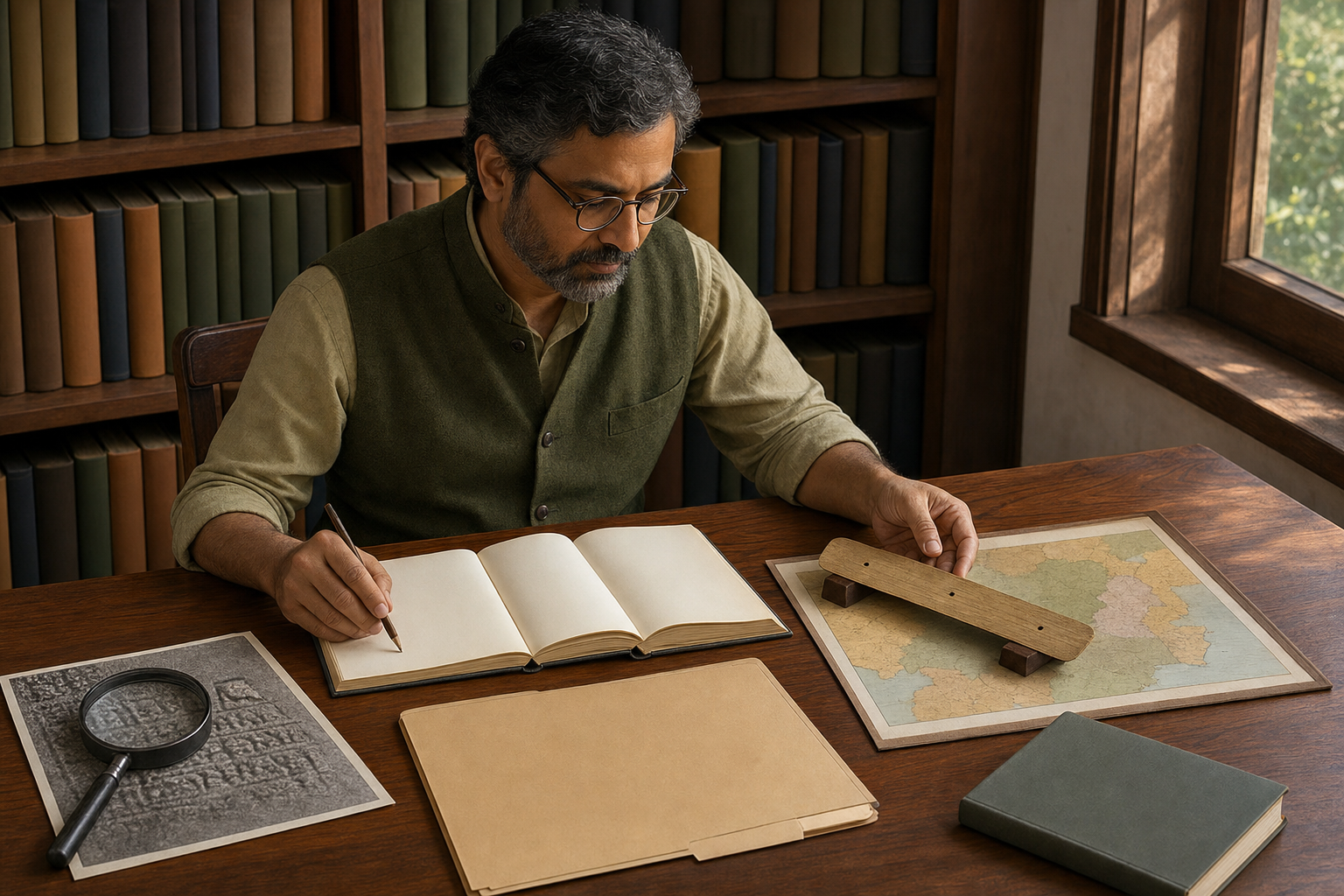A historian compares a bound book, palm-leaf manuscript, archival folder, inscription image, and unlabeled map at a wooden desk.
