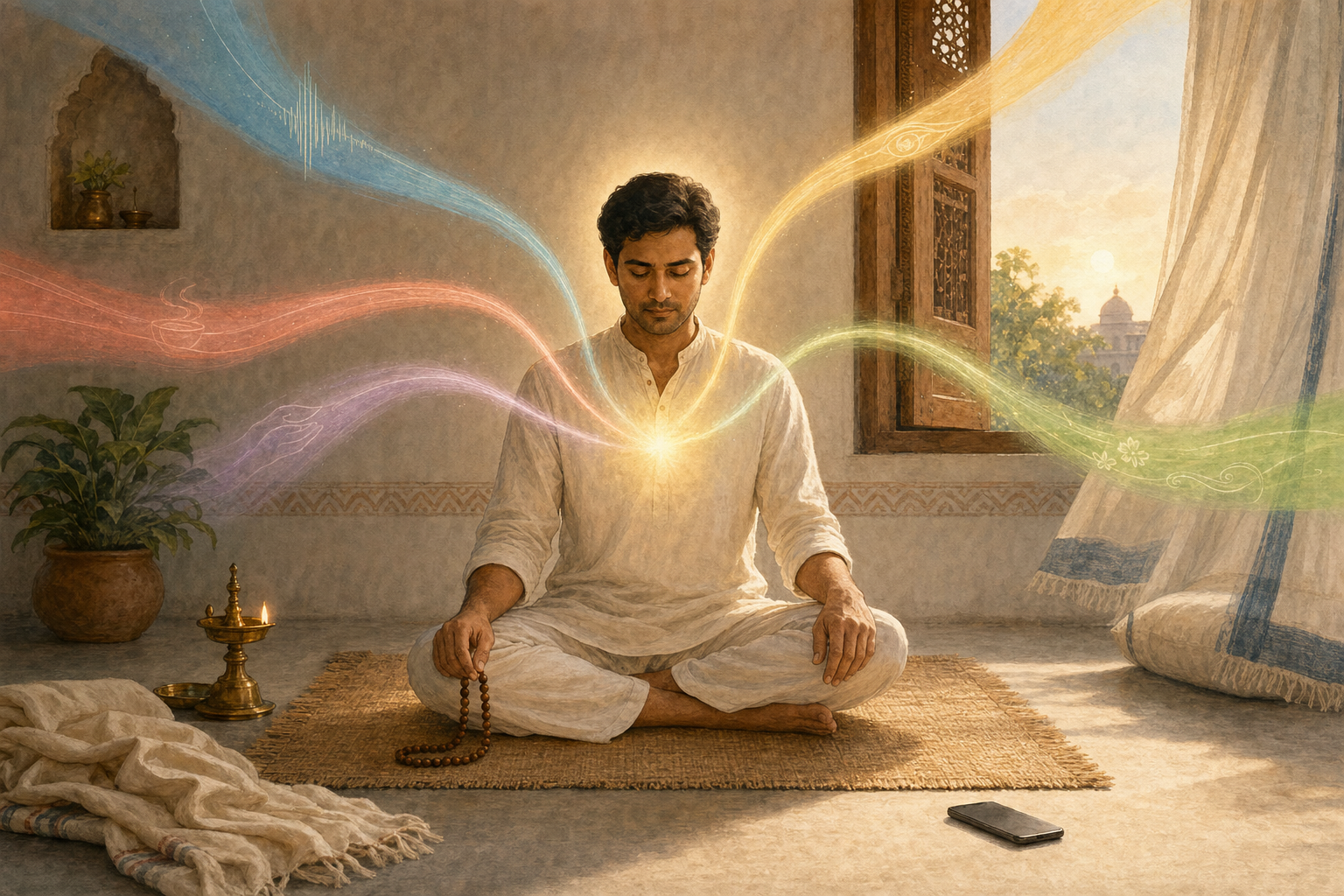 A person meditates at dawn beside wooden prayer beads and a brass lamp while a smartphone rests face down in the background and five colored light streams converge around them.