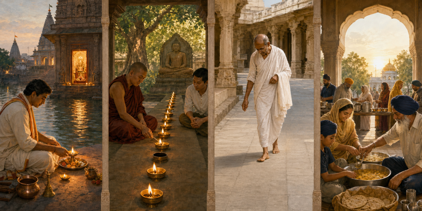Four painted vignettes show a riverside lamp offering, people beside a sequence of lamps, a barefoot ascetic on a stone path, and volunteers serving a communal meal.